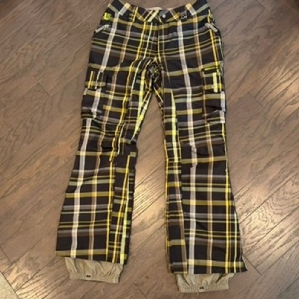 Burton Womens Snowboard‎ Ski Pants Yellow Plaid Cargo Pockets Medium